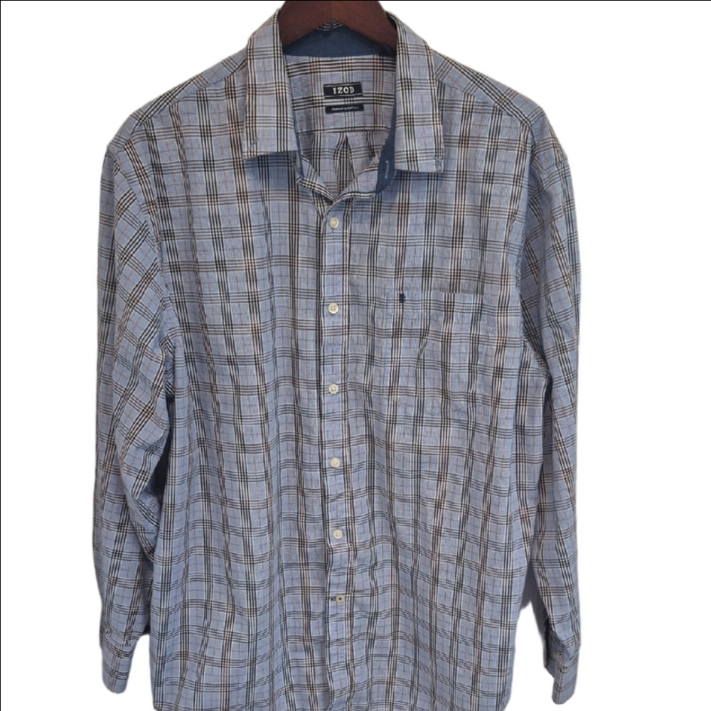 Izod Men's Long Sleeve Light Blue and Brown Checkered Plaid Shirt